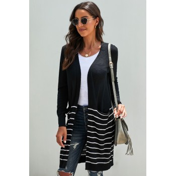 Green Open Front Long Sleeve Striped Cardigan Black Brown